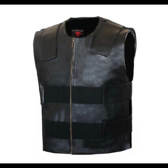 Men Tactical Bullet Proof Style Motorcycle Biker Concealed Carry Leather Vest - Picture 3 of 5
